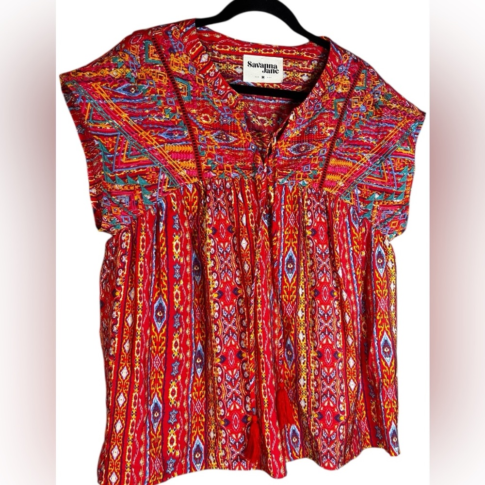 Savanna Jane Red Aztec Print Boho Blouse Medium